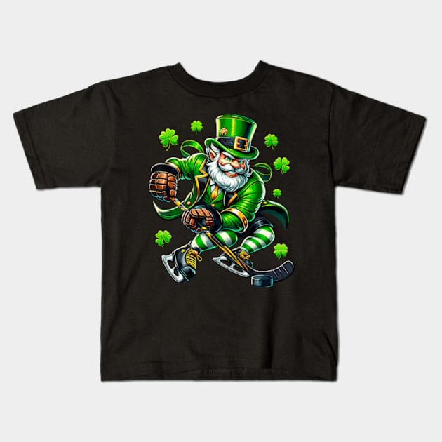 St Patricks Day Leprechaun Showing Hockey Skills Kids T-Shirt by Eduardo